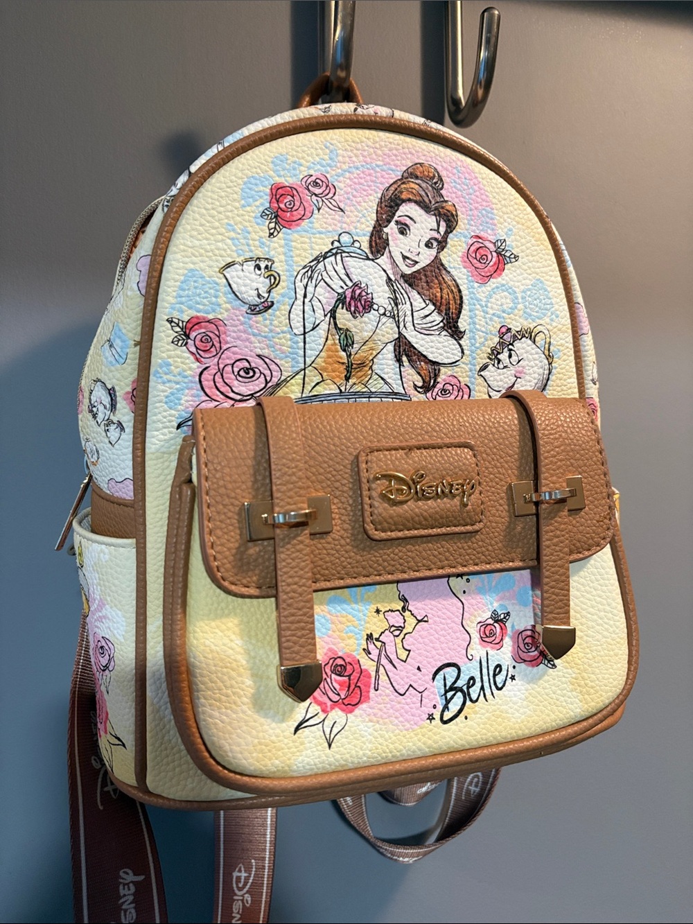 Disney Belle Floral Mini Backpack – Cream and Tan with Pink Accents